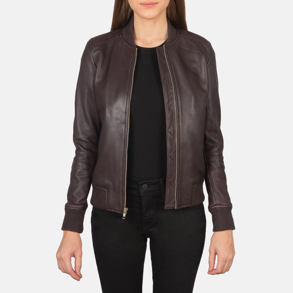 Women's Bliss Maroon 真皮飞行员夹克 女士 in Maroon Sheepskin Leather - Front Profile View &amp; Tailored Silhouette | Buy Online