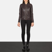 Women's Bliss Maroon 真皮飞行员夹克 女士 - Lateral Side Profile View Showing Sleeve Cut &amp; Athletic Taper Fit