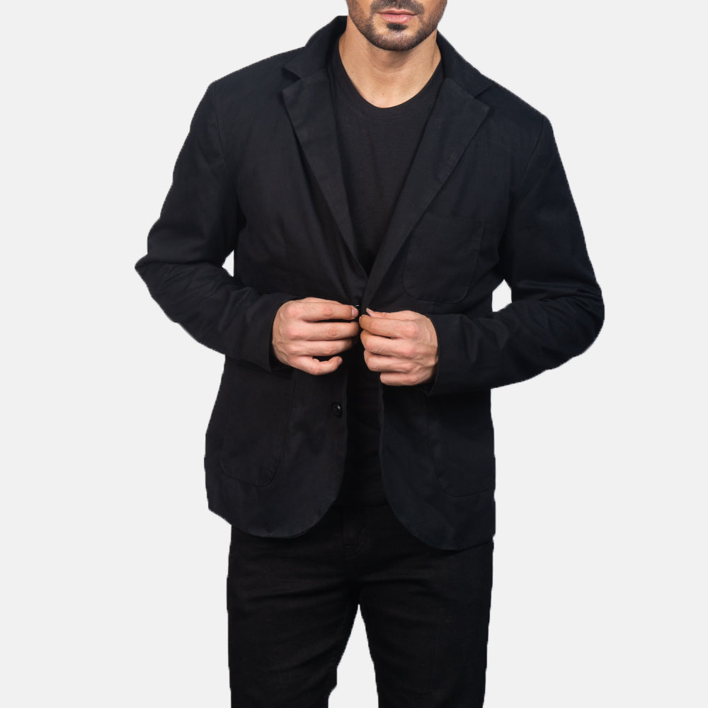 
Borges 经典黑 真皮西装外套 男士 in Black Poly-Cotton - 正面版型与定制立体剪裁轮廓 | 官方商城选购