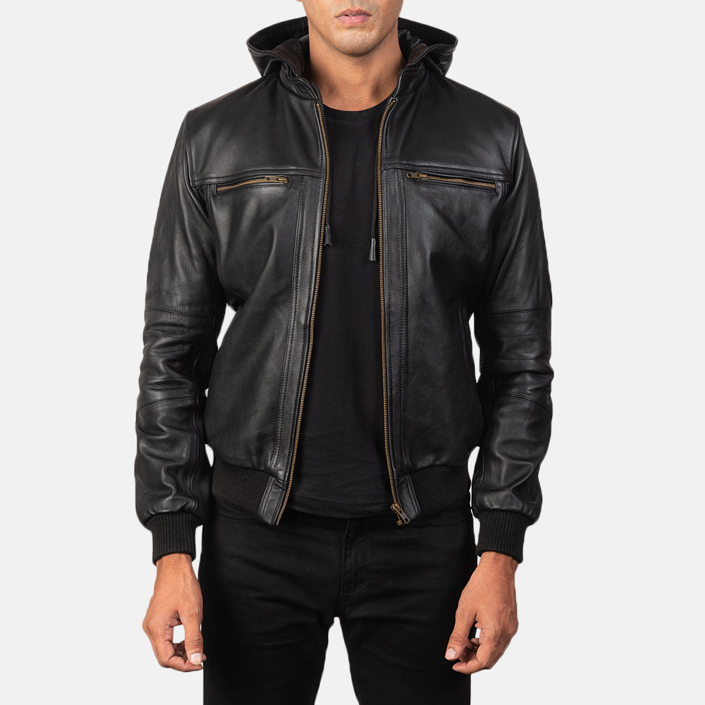
Bouncer Biz Black Leather Hooded Bomber Jacket in Black Cowhide Leather - 正面版型与定制立体剪裁轮廓 | 官方商城选购