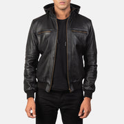 
Bouncer Biz Black Leather Hooded Bomber Jacket in Black Cowhide Leather - 正面版型与定制立体剪裁轮廓 | 官方商城选购