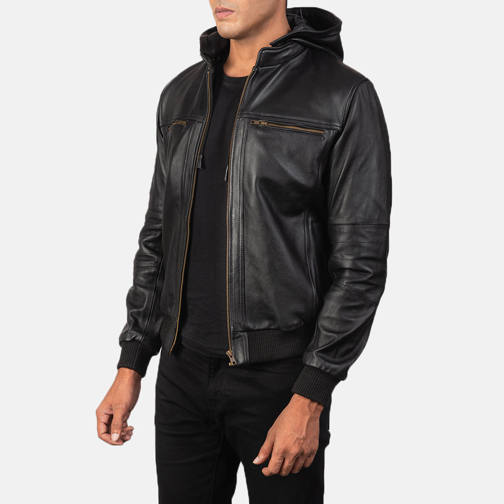 
Black Cowhide Leather Bomber Jacket - 展现肩线贴合与利落下摆的背部视角