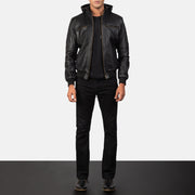 
细节特写 of Band & Zipper Hardware on Bouncer Biz Black Leather Hooded Bomber Jacket