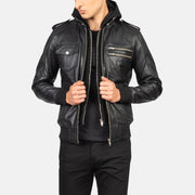 
Bravado Black Hooded Leather Bomber Jacket in Black Sheepskin Leather - 正面版型与定制立体剪裁轮廓 | 官方商城选购