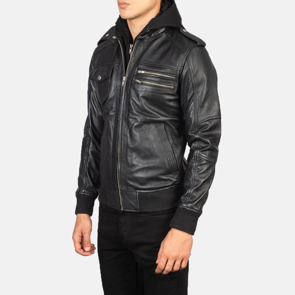 Black Sheepskin Leather Bomber Jacket - Back View Showing Tailored Shoulder Fit & Clean Hemline