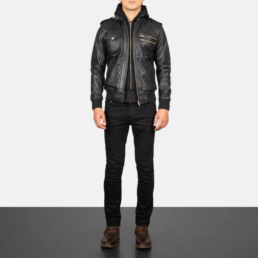 
Bravado Black Hooded Leather Bomber Jacket - 展现立体袖型与合身版型的侧身视角