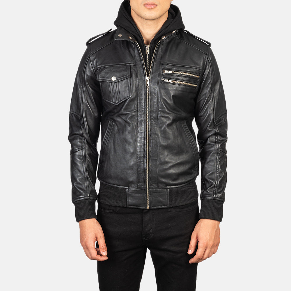 
细节特写 of High Neck & Zipper Hardware on Bravado Black Hooded Leather Bomber Jacket