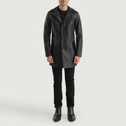 Brawnton 黑色 真皮大衣 男士 - Lateral Side Profile View Showing Sleeve Cut &amp; Athletic Taper Fit