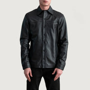 Bronco 黑色 Leather Shirt 男士 - Lateral Side Profile View Showing Sleeve Cut &amp; Athletic Taper Fit