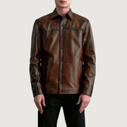 
Bronco Distressed 复古棕 Leather Shirt 男士 - 展现立体袖型与合身版型的侧身视角