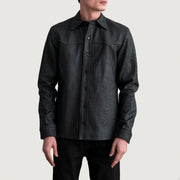 Bronco Tumbled 黑色 Leather Shirt 男士 - 展示利落袖形与运动流线轮廓的侧身轮廓