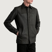 Bronco Tumbled 棕色 Leather Shirt 男士 - Lateral Side Profile View Showing Sleeve Cut &amp; Athletic Taper Fit
