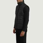 Black Full-Grain leather Vest - 展示肩部贴合剪裁与利落下摆的背面细节