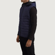 
Blue Full-Grain leather Vest - 展现肩线贴合与利落下摆的背部视角