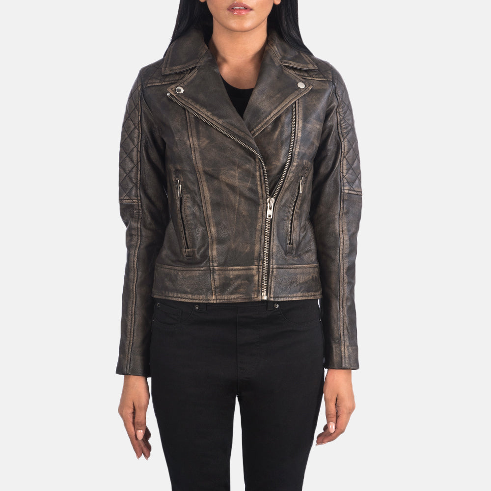 
细节特写 of Notch & Zipper Hardware on Carolyn Quilted Distressed Brown Biker Jacket