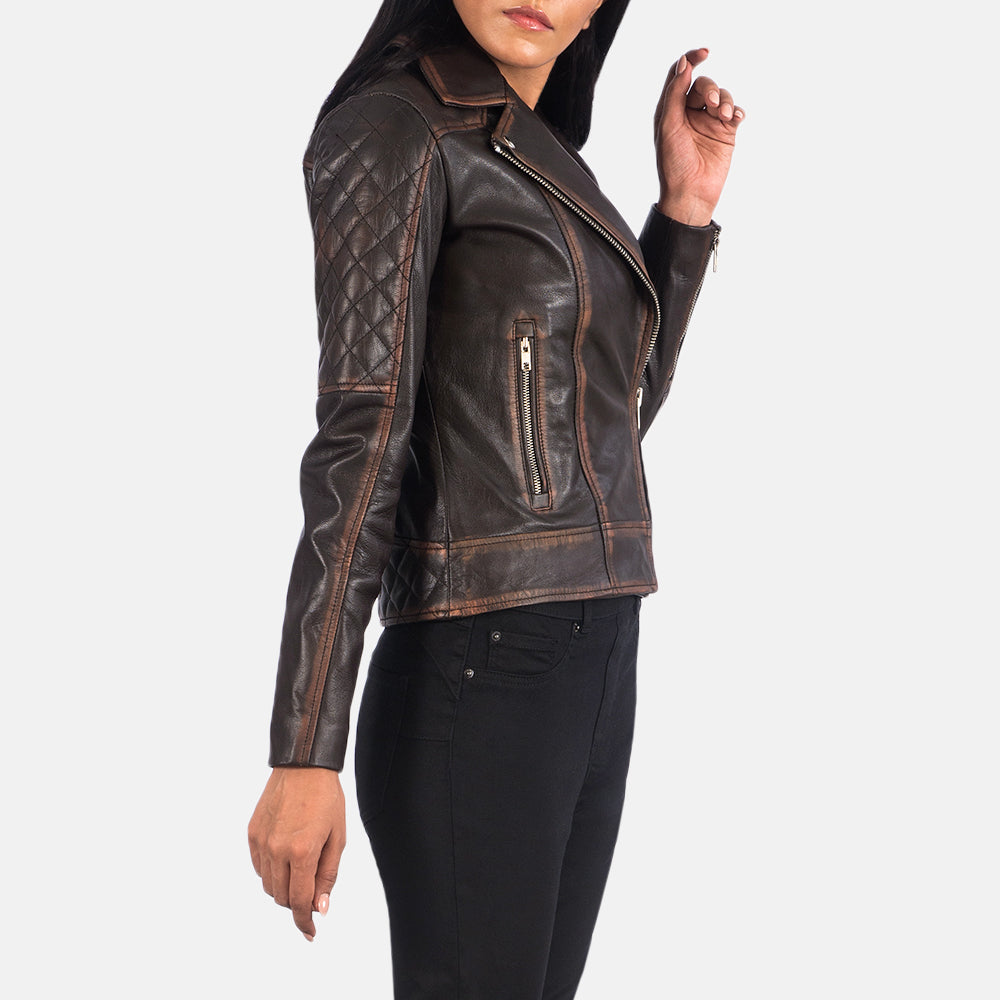 
Vintage Brown Goatskin Leather Biker Jacket - 展现肩线贴合与利落下摆的背部视角