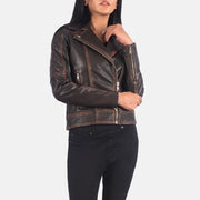 
细节特写 of Notch & Zipper Hardware on Carolyn Quilted Vintage Brown Biker Jacket