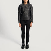 Close-Up Detail of Classic Collar &amp; Snap Button Hardware on Women's Celeste Studded 黑色 真皮夹克 女士