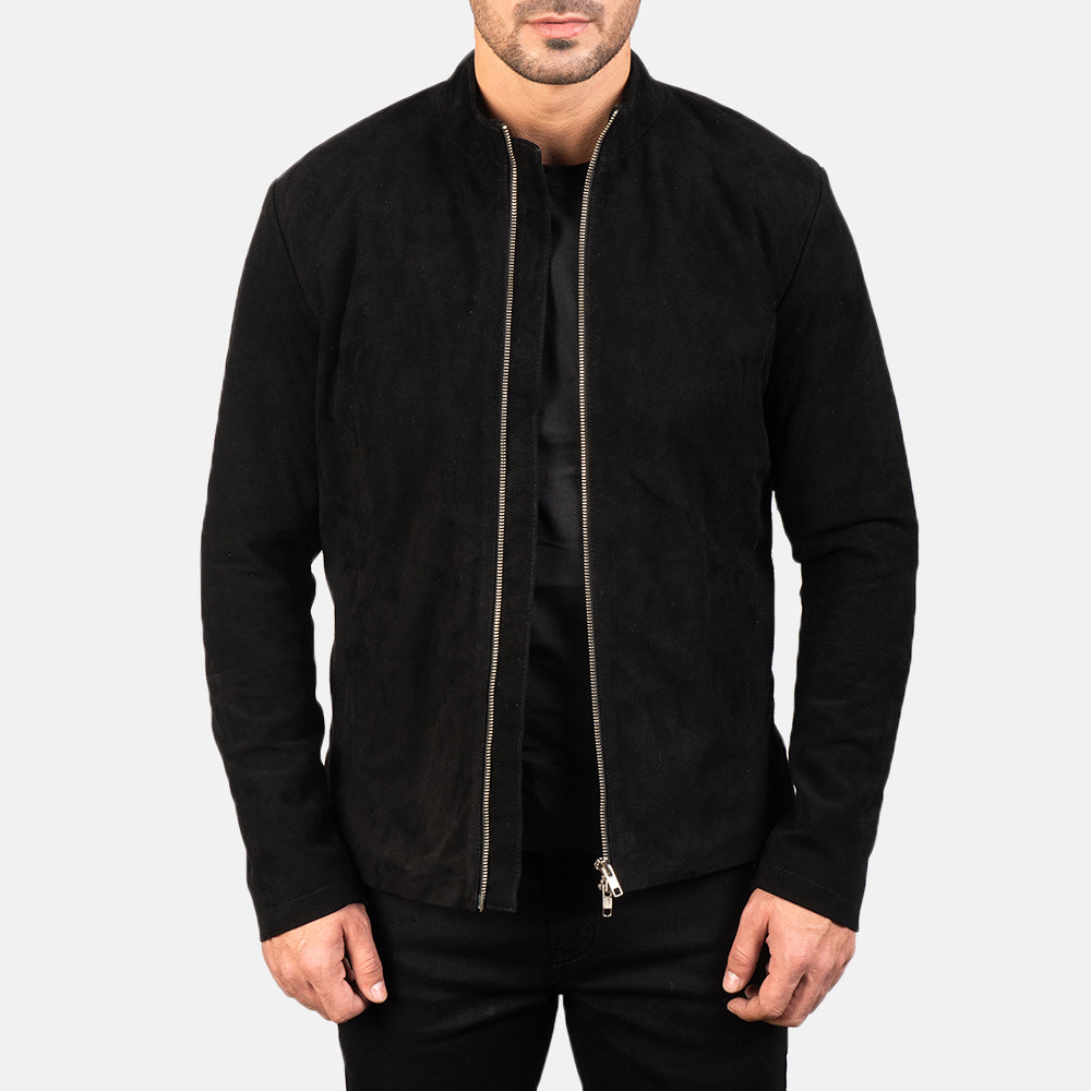 Men's Charcoal 黑色 Suede 真皮机车夹克 男士 in Black Goatskin Suede - Front Profile View &amp; Tailored Silhouette | Buy Online