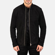 Men's Charcoal 黑色 Suede 真皮机车夹克 男士 in Black Goatskin Suede - Front Profile View &amp; Tailored Silhouette | Buy Online