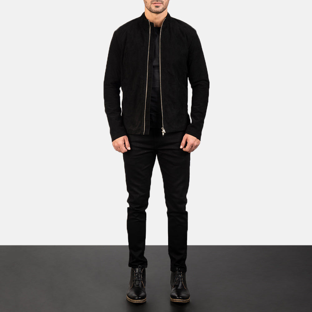 Men's Charcoal 黑色 Suede 真皮机车夹克 男士 - Lateral Side Profile View Showing Sleeve Cut &amp; Athletic Taper Fit