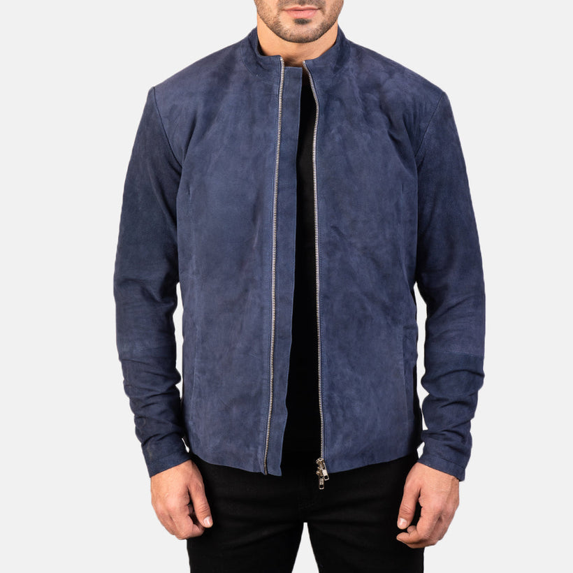 Charcoal Navy Blue Suede 真皮机车夹克 男士