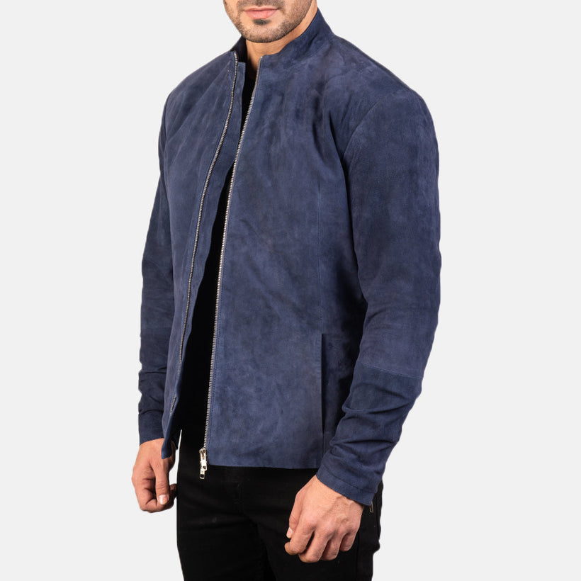 Charcoal Navy Blue Suede 真皮机车夹克 男士