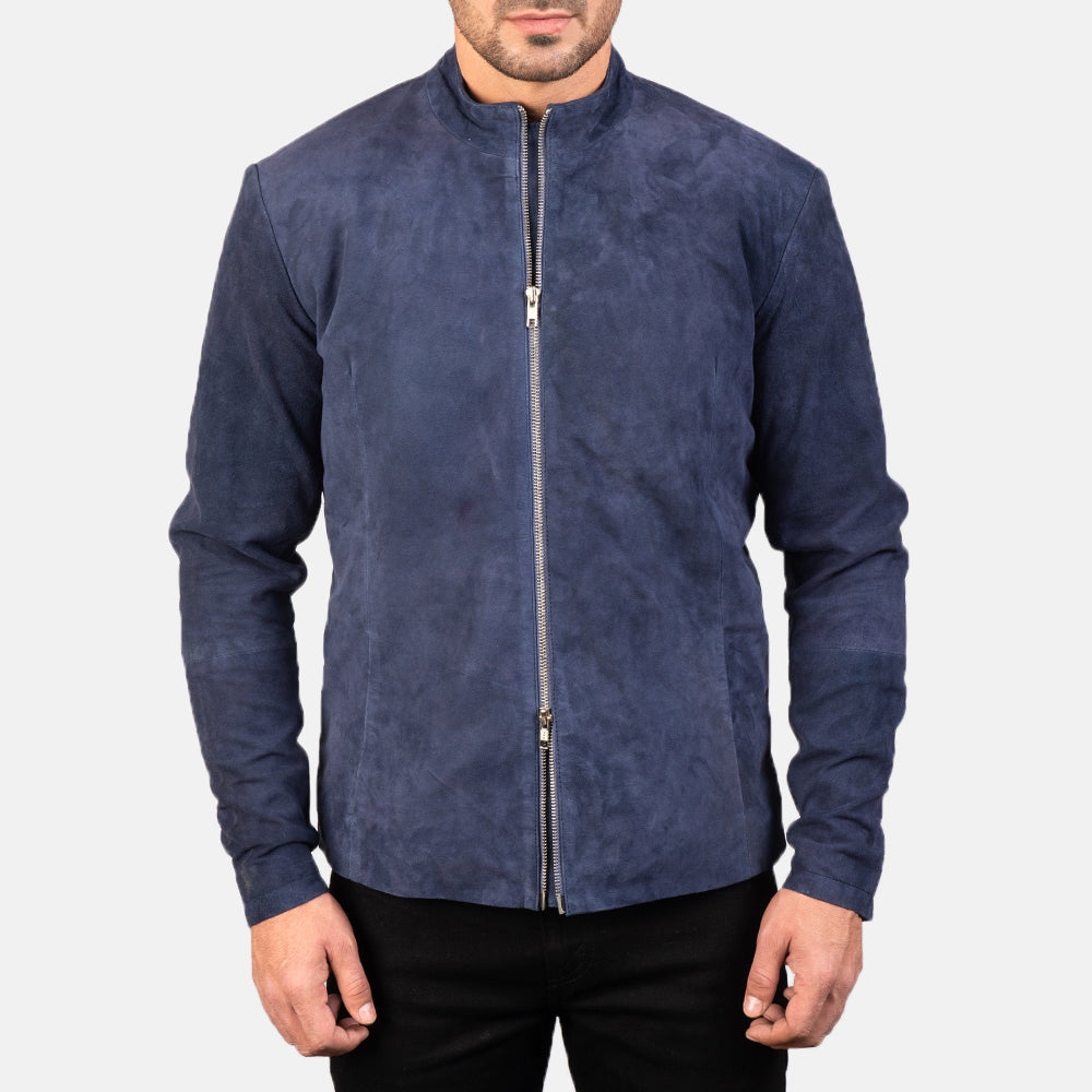 
细节特写 of Mandarin & Zipper with Dual Puller Hardware on Charcoal Navy 深海蓝 Suede 真皮机车皮衣 男士