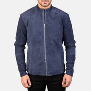 
细节特写 of Mandarin & Zipper with Dual Puller Hardware on Charcoal Navy 深海蓝 Suede 真皮机车皮衣 男士