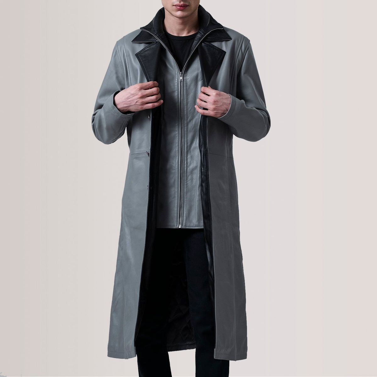 Charlton Grey Leather Single Breasted 真皮大衣 男士 For Men in Grey Sheepskin Leather - Front Profile View &amp; Tailored Silhouette | Buy Online