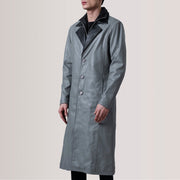 Charlton Grey Leather Single Breasted 真皮大衣 男士 For Men - Lateral Side Profile View Showing Sleeve Cut &amp; Athletic Taper Fit