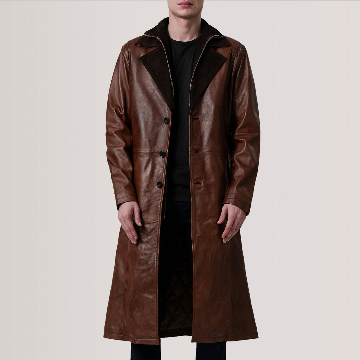 
Charlton Waxed 复古棕 Leather Single Breasted 真皮大衣 男士 For Men in Distressed Brown Sheepskin Burnished - 正面版型与定制立体剪裁轮廓 | 官方商城选购