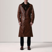 
Distressed Brown Sheepskin Burnished Leather Coat - 展现肩线贴合与利落下摆的背部视角
