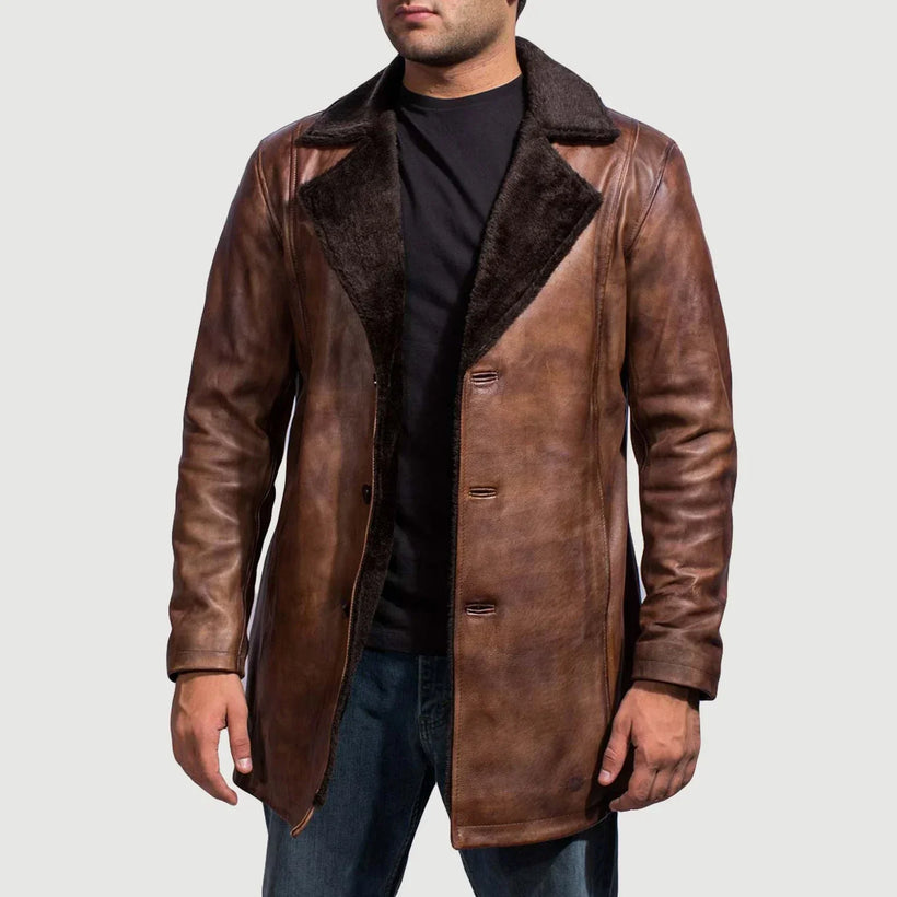 Men's Cinnamon Distressed Leather Fur Coat in Distressed Brown Sheepskin Burnishing - Front Profile View & Tailored Silhouette | Buy Online