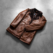 
Open Hem & Hem Craftsmanship Construction Detail on Cinnamon Distressed Leather Fur 真皮大衣 男士