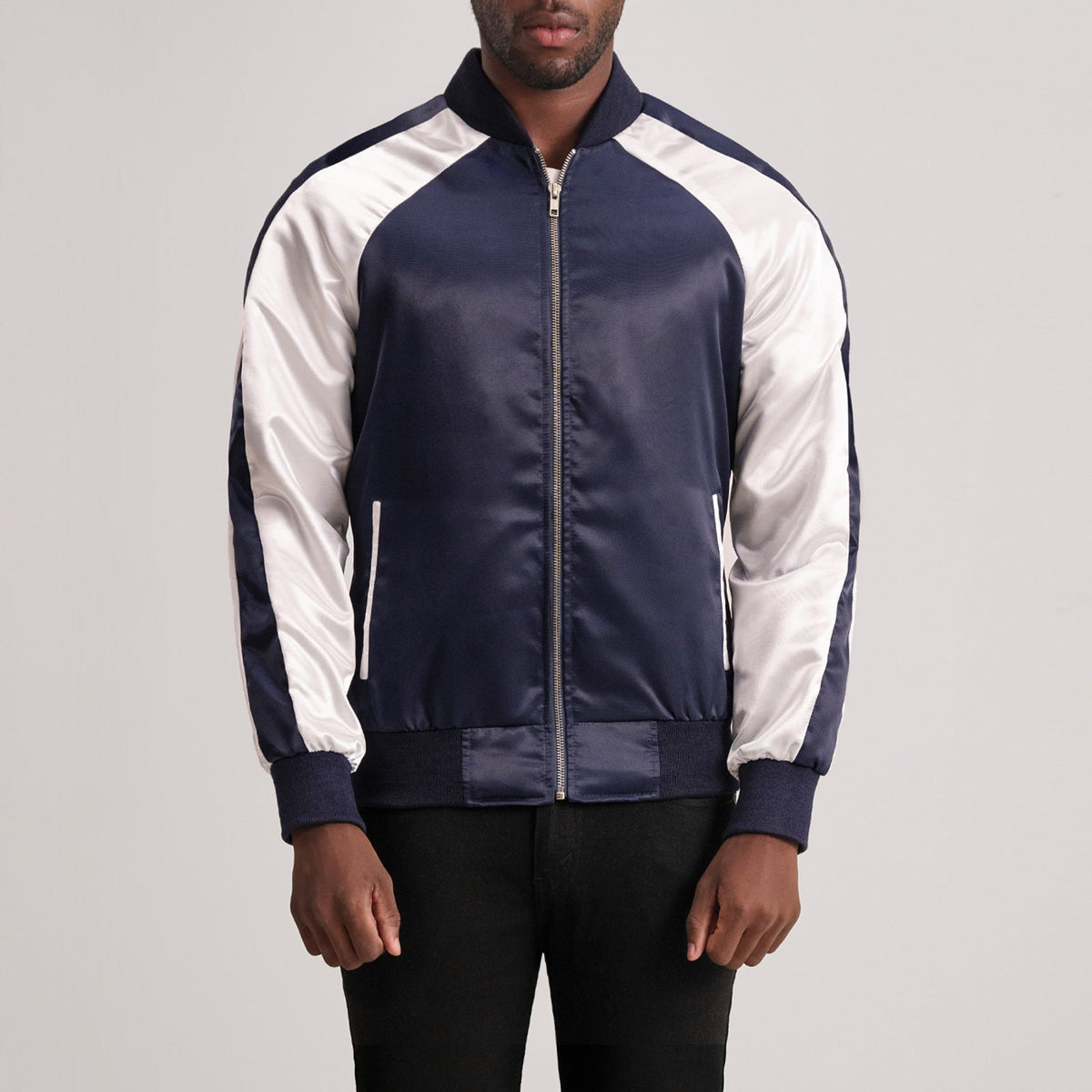 Clarke Blue Varsity 真皮夹克 男士 in Blue &amp; White Satin - Front Profile View &amp; Tailored Silhouette | Buy Online
