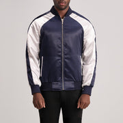 Clarke Blue Varsity 真皮夹克 男士 in Blue &amp; White Satin - Front Profile View &amp; Tailored Silhouette | Buy Online