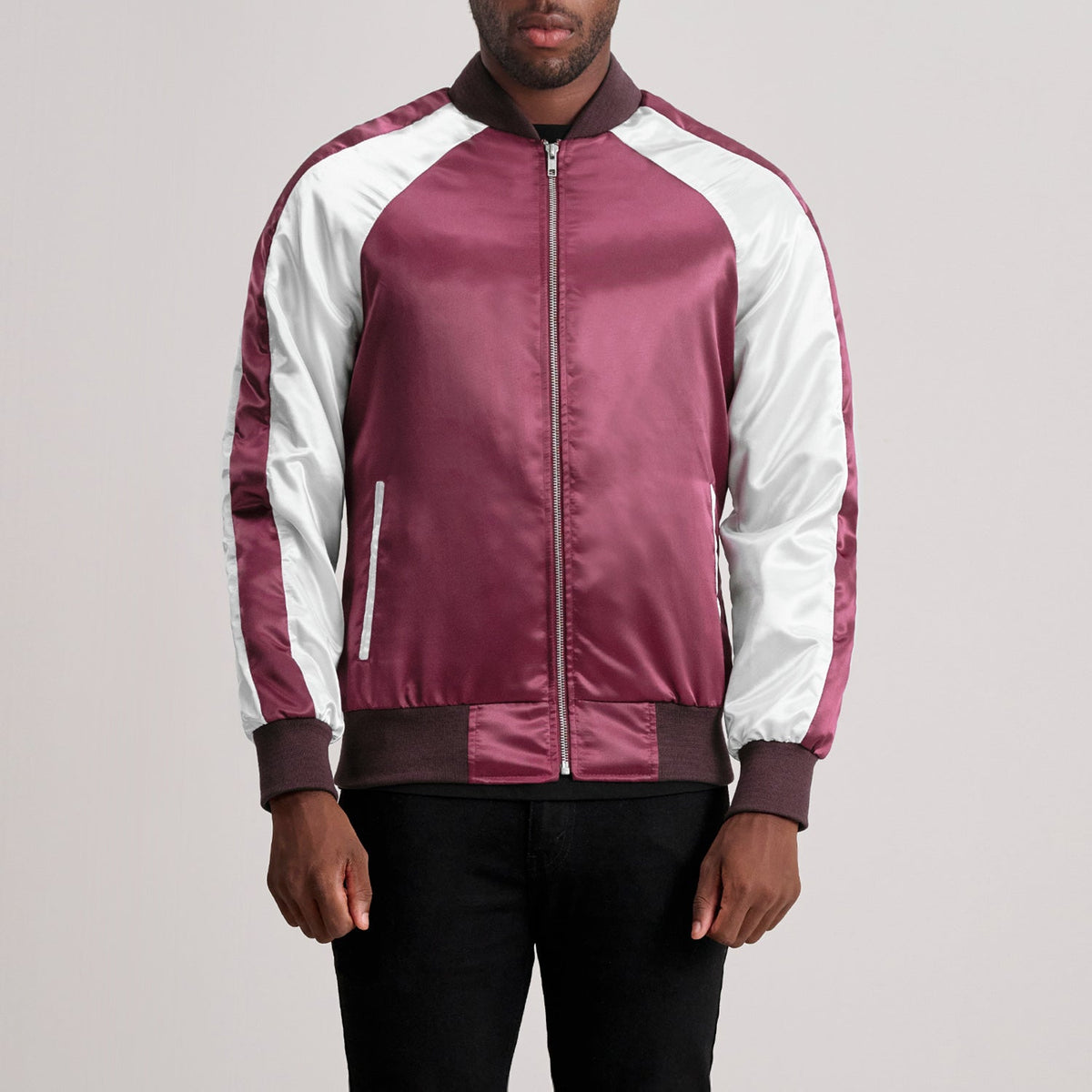 Clarke Maroon Varsity 真皮夹克 男士 in Maroon &amp; White Satin - Front Profile View &amp; Tailored Silhouette | Buy Online