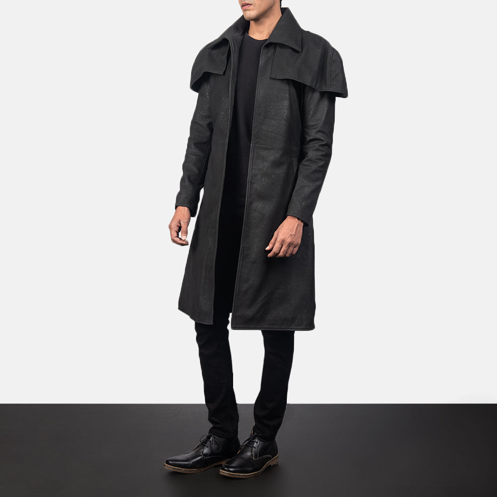 
Distressed Black Sheepskin Snuffed Trench Coat - 展现肩线贴合与利落下摆的背部视角