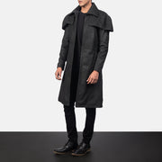 
Distressed Black Sheepskin Snuffed Trench Coat - 展现肩线贴合与利落下摆的背部视角