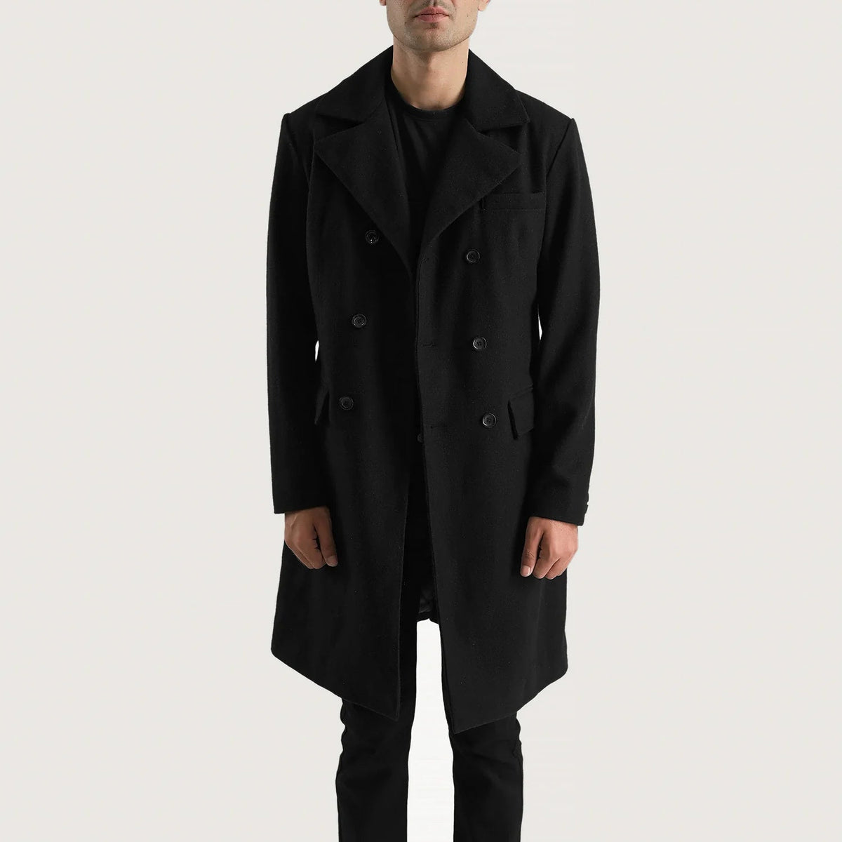 Close-Up Detail of Notch &amp; Button Hardware on Men's Claud Black Wool Double Breasted Coat
