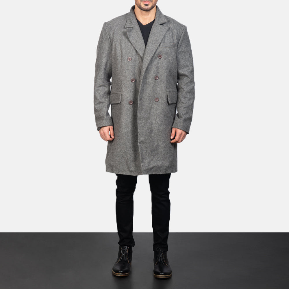 
Claud Grey Wool Double Breasted Coat in Grey Synthetic Wool - 正面版型与定制立体剪裁轮廓 | 官方商城选购