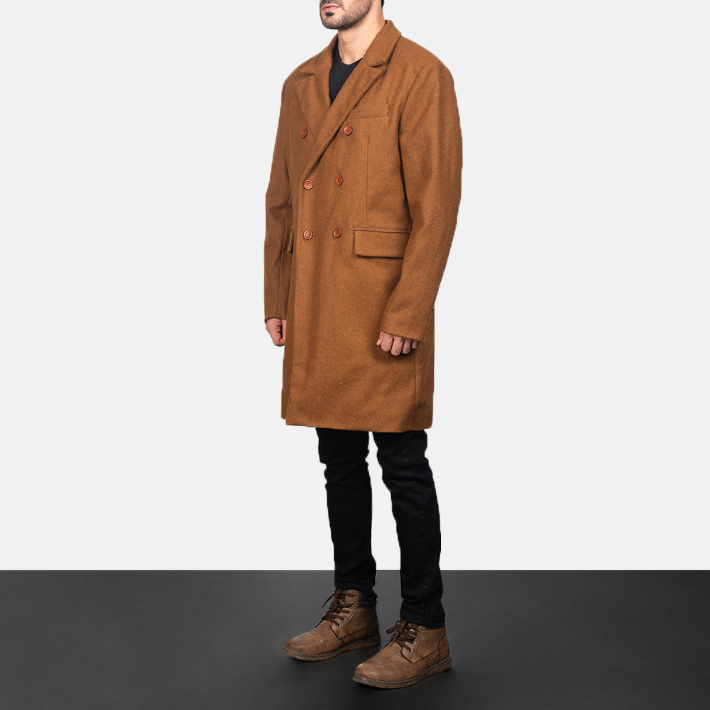 
Khaki Synthetic Wool Trench Coat - 展现肩线贴合与利落下摆的背部视角
