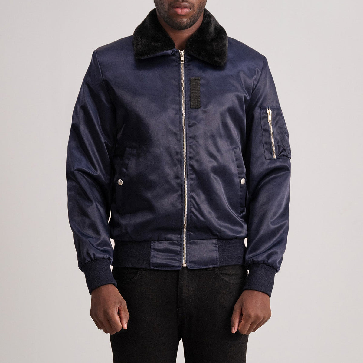 Clyde B-15 Blue 真皮飞行员夹克 男士 in Blue Satin - Front Profile View &amp; Tailored Silhouette | Buy Online