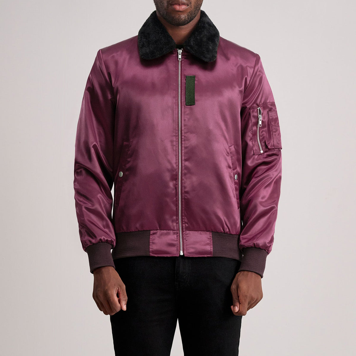 Clyde B-15 Maroon 真皮飞行员夹克 男士 in Maroon Satin - Front Profile View &amp; Tailored Silhouette | Buy Online