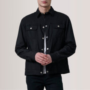 Colberto 黑色 Waxed Canvas Trucker 真皮夹克 男士 For Men in Black Waxed Cotton Canvas - Front Profile View &amp; Tailored Silhouette | Buy Online
