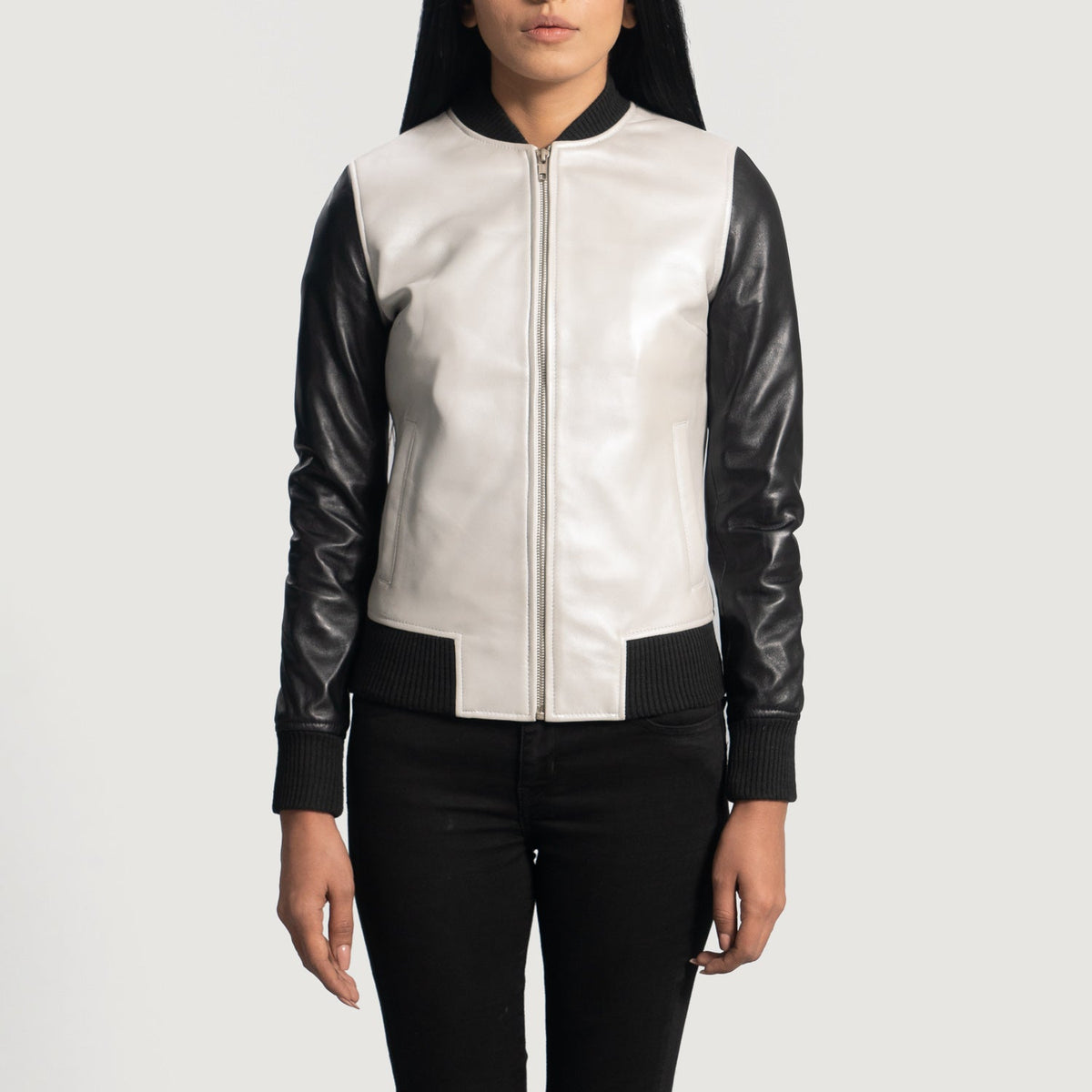 Women's Cole Silver 真皮飞行员夹克 女士 in Silver &amp; Black Sheepskin Leather - Front Profile View &amp; Tailored Silhouette | Buy Online