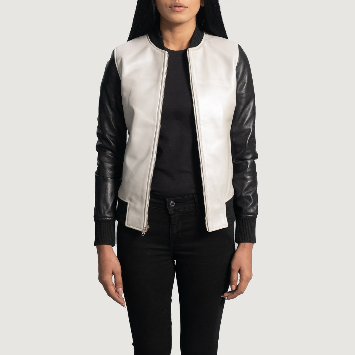 Women's Cole Silver 真皮飞行员夹克 女士 - Lateral Side Profile View Showing Sleeve Cut &amp; Athletic Taper Fit