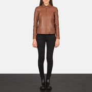Women Colette 棕色 真皮夹克 女士 - Lateral Side Profile View Showing Sleeve Cut &amp; Athletic Taper Fit