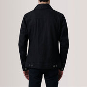 Close-Up Detail of Classic Collar &amp; Heavy-Duty Zipper Hardware on Conard 黑色 Denim Trucker 真皮夹克 男士 For Men